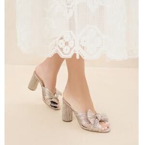 Loeffler Randall Women's Gray Penny Champagne Pleated Bow Heel Sandal Size 5B